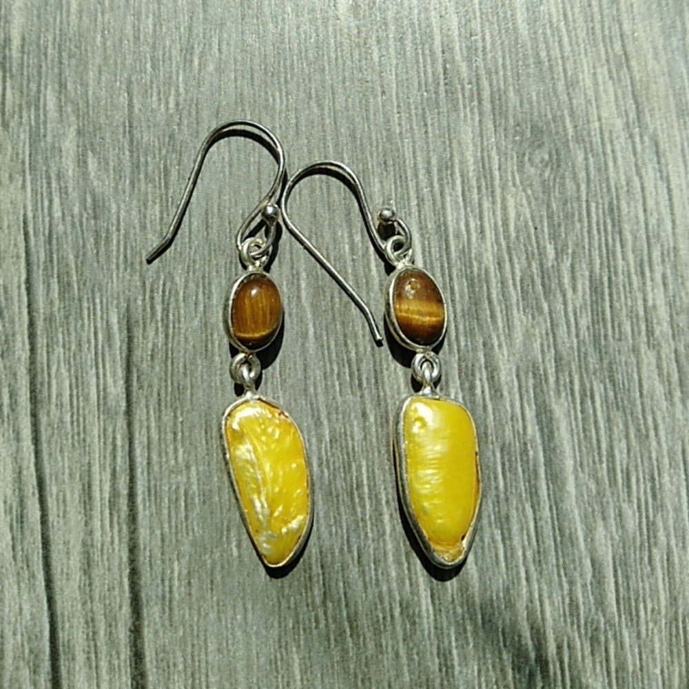 Tiger's eye yellow Pearl Sterling Silver earrings
